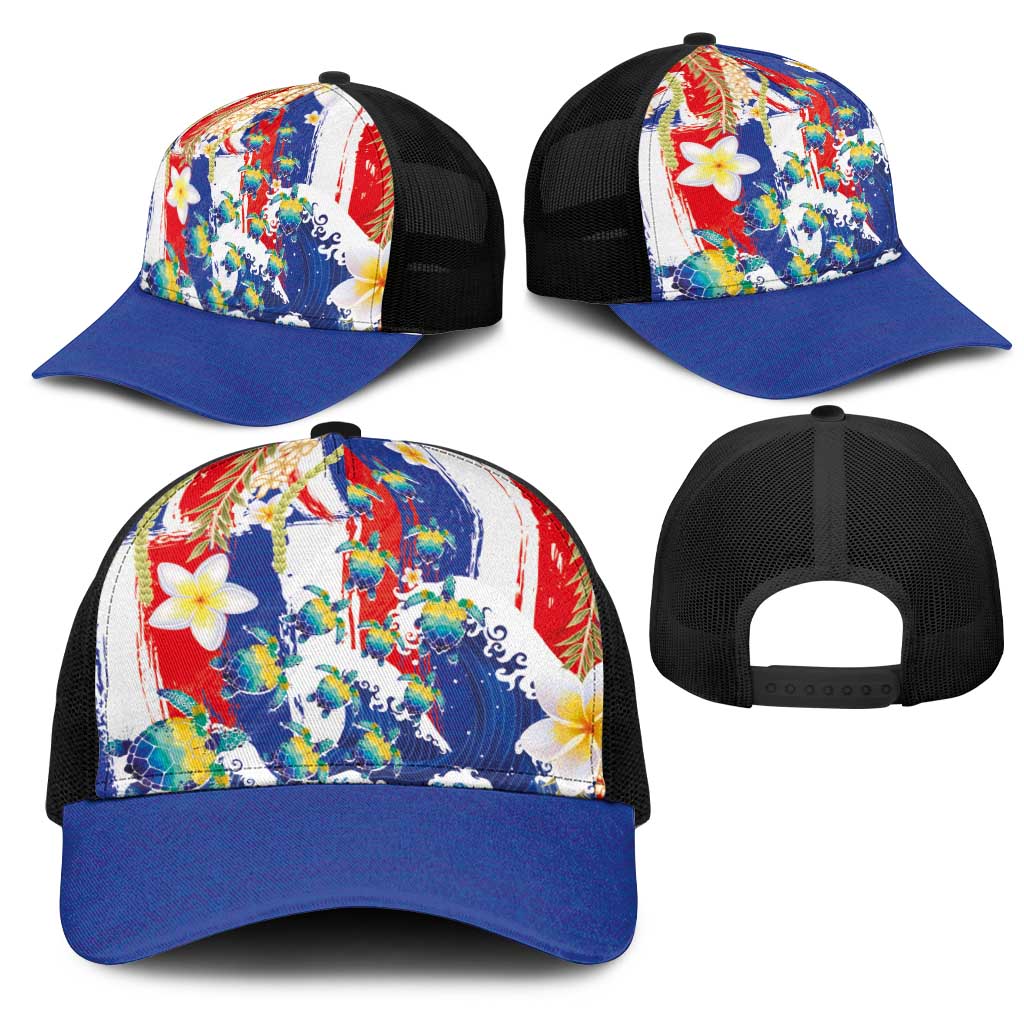 Hawaiian Sea Turtles and Plumeria Mesh Trucker Cap with Lei and Flag Grunge Style LT03 - Polynesian Pride