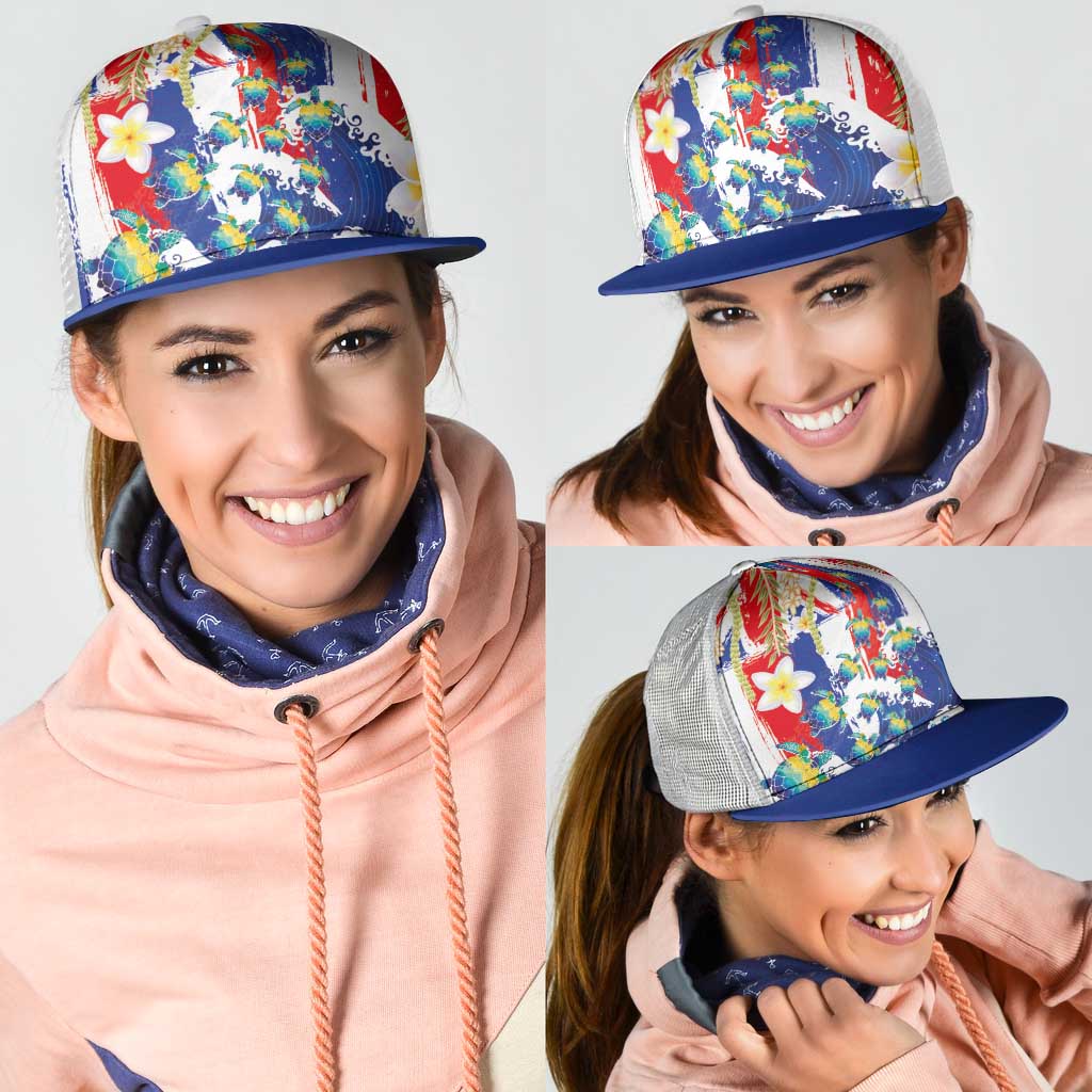 Hawaiian Sea Turtles and Plumeria Mesh Trucker Cap with Lei and Flag Grunge Style LT03 - Polynesian Pride