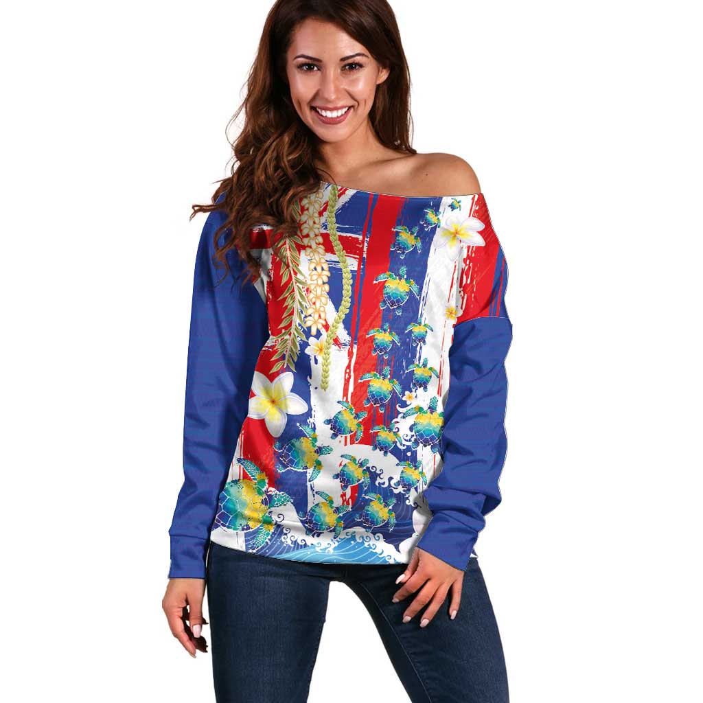 Hawaiian Sea Turtles and Plumeria Off Shoulder Sweater with Lei and Flag Grunge Style