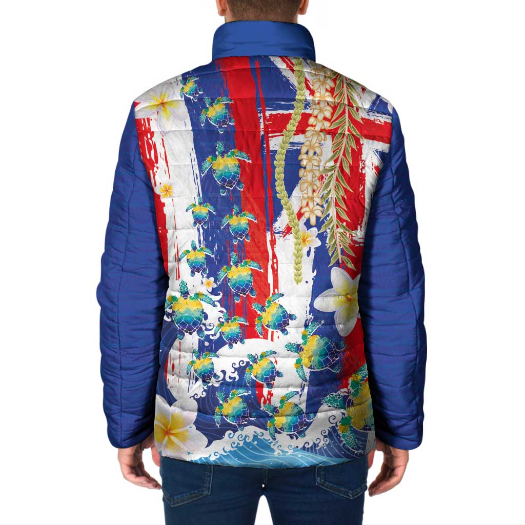 Hawaiian Sea Turtles and Plumeria Padded Jacket with Lei and Flag Grunge Style LT03 - Polynesian Pride