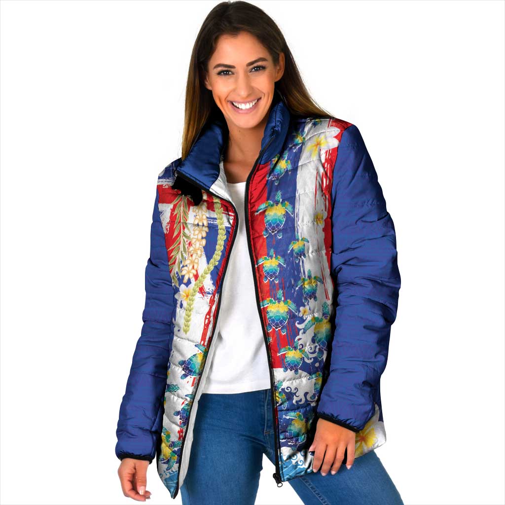 Hawaiian Sea Turtles and Plumeria Padded Jacket with Lei and Flag Grunge Style LT03 Women Multicolor - Polynesian Pride