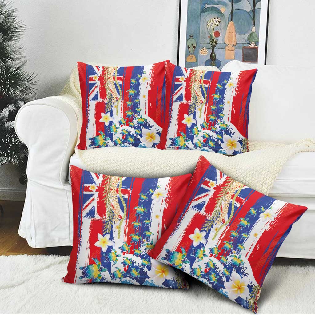 Hawaiian Sea Turtles and Plumeria Pillow Cover with Lei and Flag Grunge Style