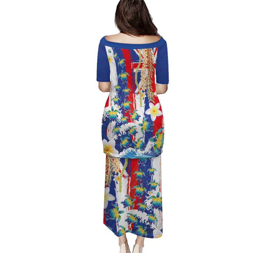 Hawaiian Sea Turtles and Plumeria Puletasi with Lei and Flag Grunge Style LT03 - Polynesian Pride