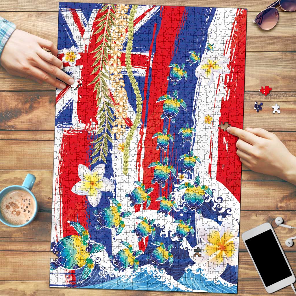 Hawaiian Sea Turtles and Plumeria Puzzle with Lei and Flag Grunge Style LT03 Multicolor - Polynesian Pride