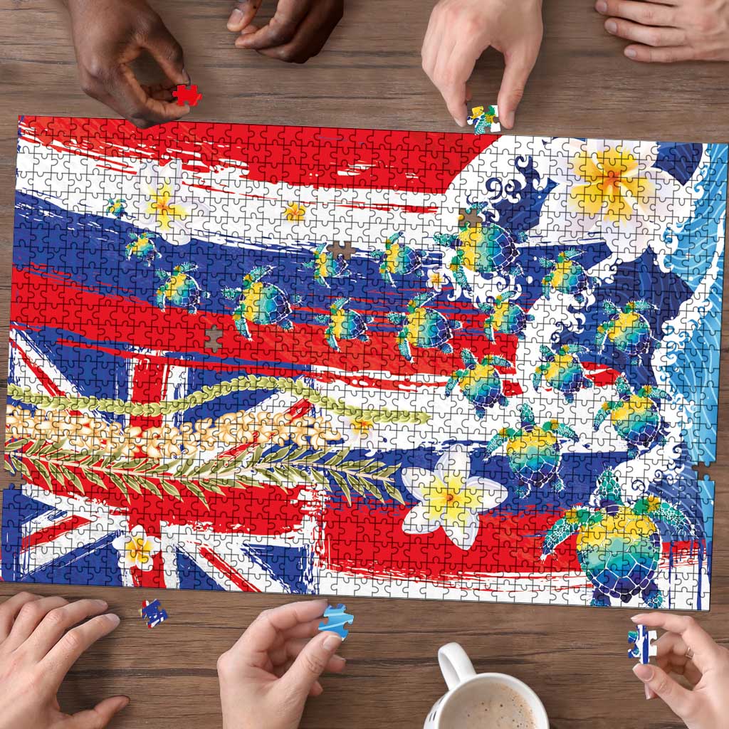 Hawaiian Sea Turtles and Plumeria Puzzle with Lei and Flag Grunge Style LT03 - Polynesian Pride