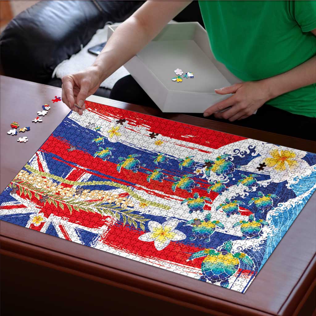 Hawaiian Sea Turtles and Plumeria Puzzle with Lei and Flag Grunge Style LT03 - Polynesian Pride