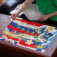 Hawaiian Sea Turtles and Plumeria Puzzle with Lei and Flag Grunge Style LT03 - Polynesian Pride