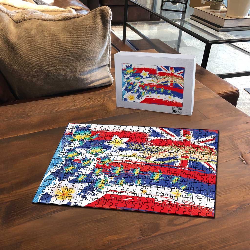 Hawaiian Sea Turtles and Plumeria Puzzle with Lei and Flag Grunge Style LT03 - Polynesian Pride