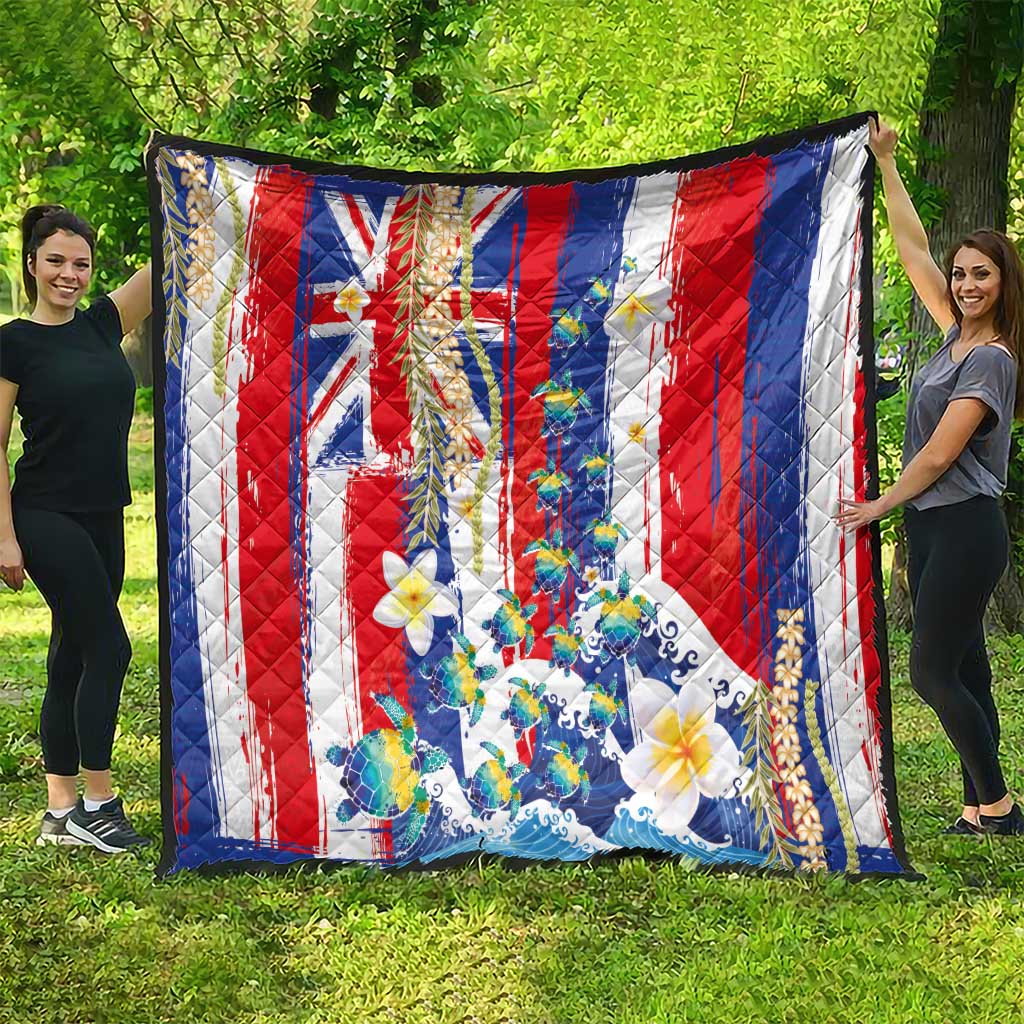 Hawaiian Sea Turtles and Plumeria Quilt with Lei and Flag Grunge Style