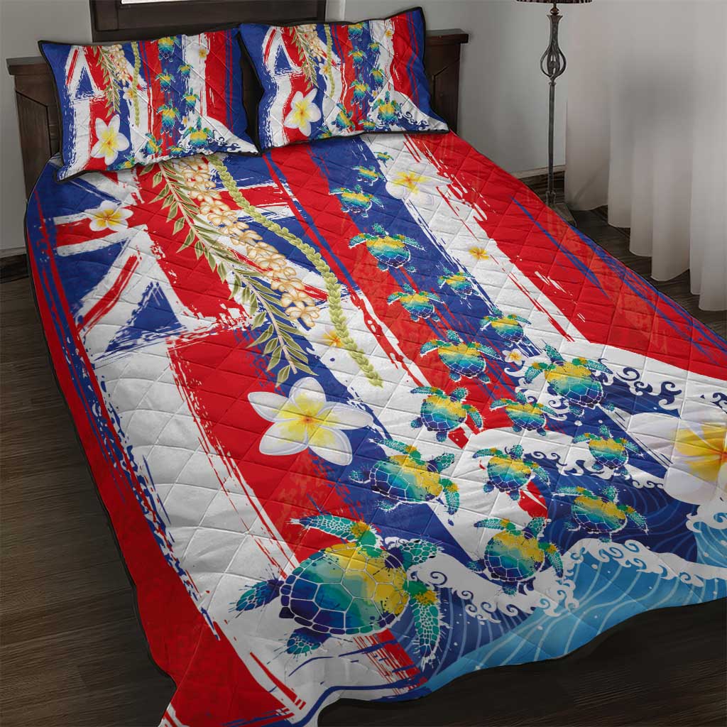 Hawaiian Sea Turtles and Plumeria Quilt Bed Set with Lei and Flag Grunge Style LT03 Multicolor - Polynesian Pride