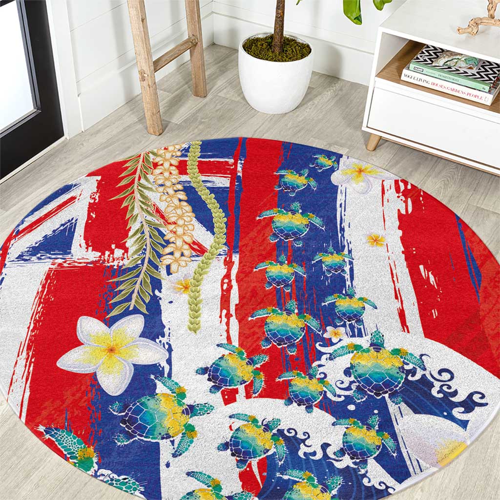 Hawaiian Sea Turtles and Plumeria Round Carpet with Lei and Flag Grunge Style