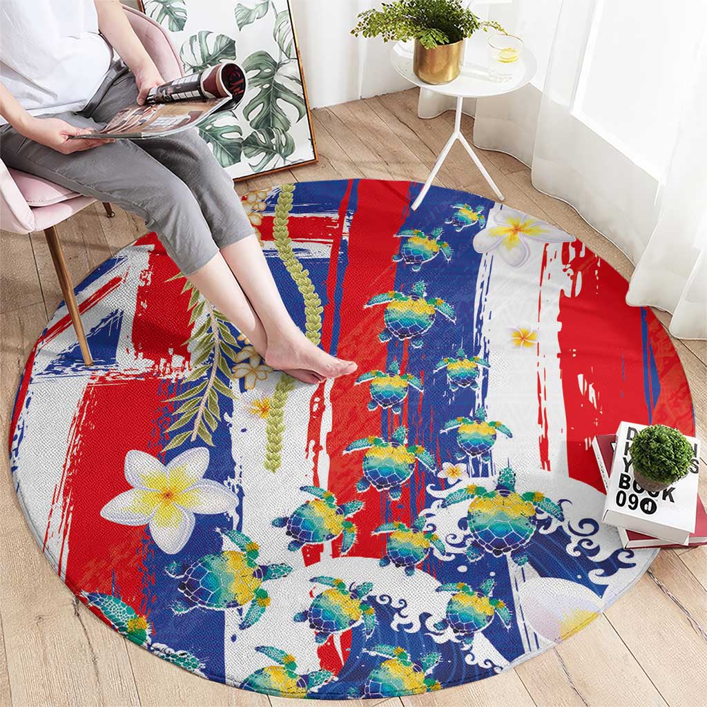 Hawaiian Sea Turtles and Plumeria Round Carpet with Lei and Flag Grunge Style