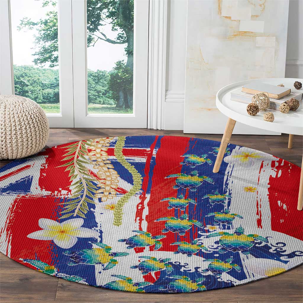 Hawaiian Sea Turtles and Plumeria Round Carpet with Lei and Flag Grunge Style
