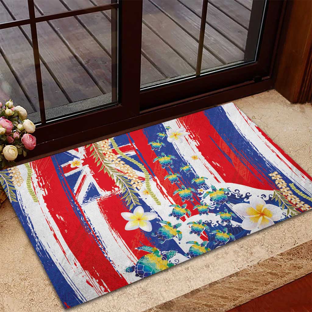Hawaiian Sea Turtles and Plumeria Rubber Doormat with Lei and Flag Grunge Style LT03 - Polynesian Pride