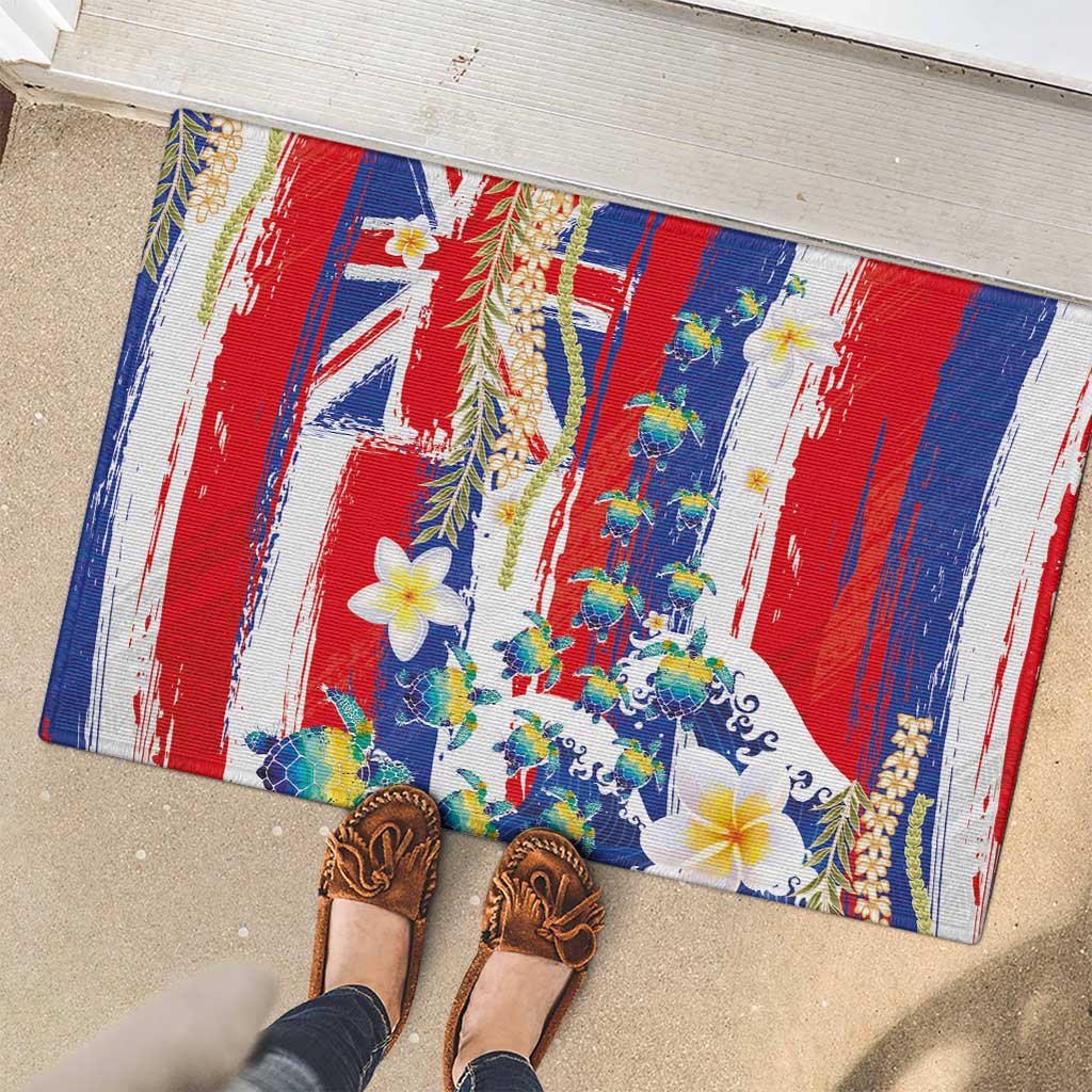 Hawaiian Sea Turtles and Plumeria Rubber Doormat with Lei and Flag Grunge Style LT03 - Polynesian Pride