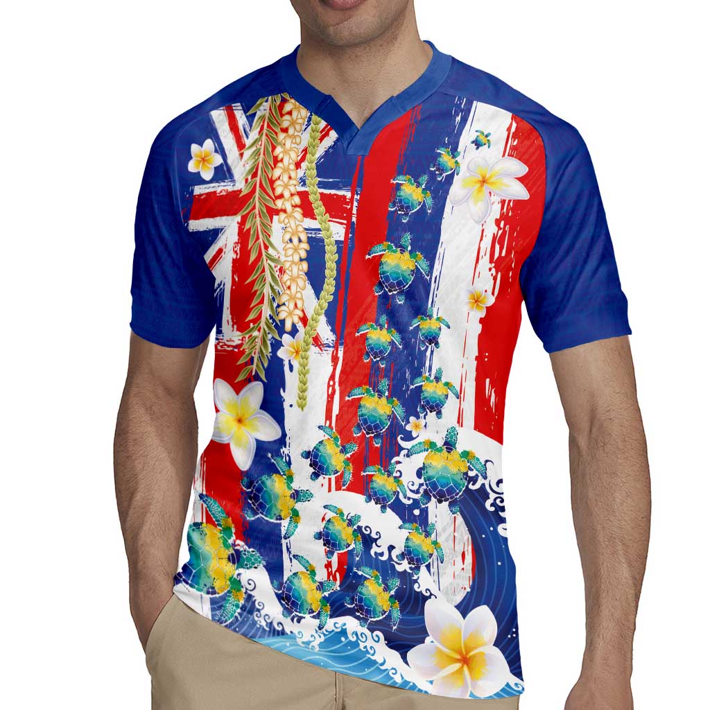 Hawaiian Sea Turtles and Plumeria Rugby Jersey with Lei and Flag Grunge Style LT03 - Polynesian Pride