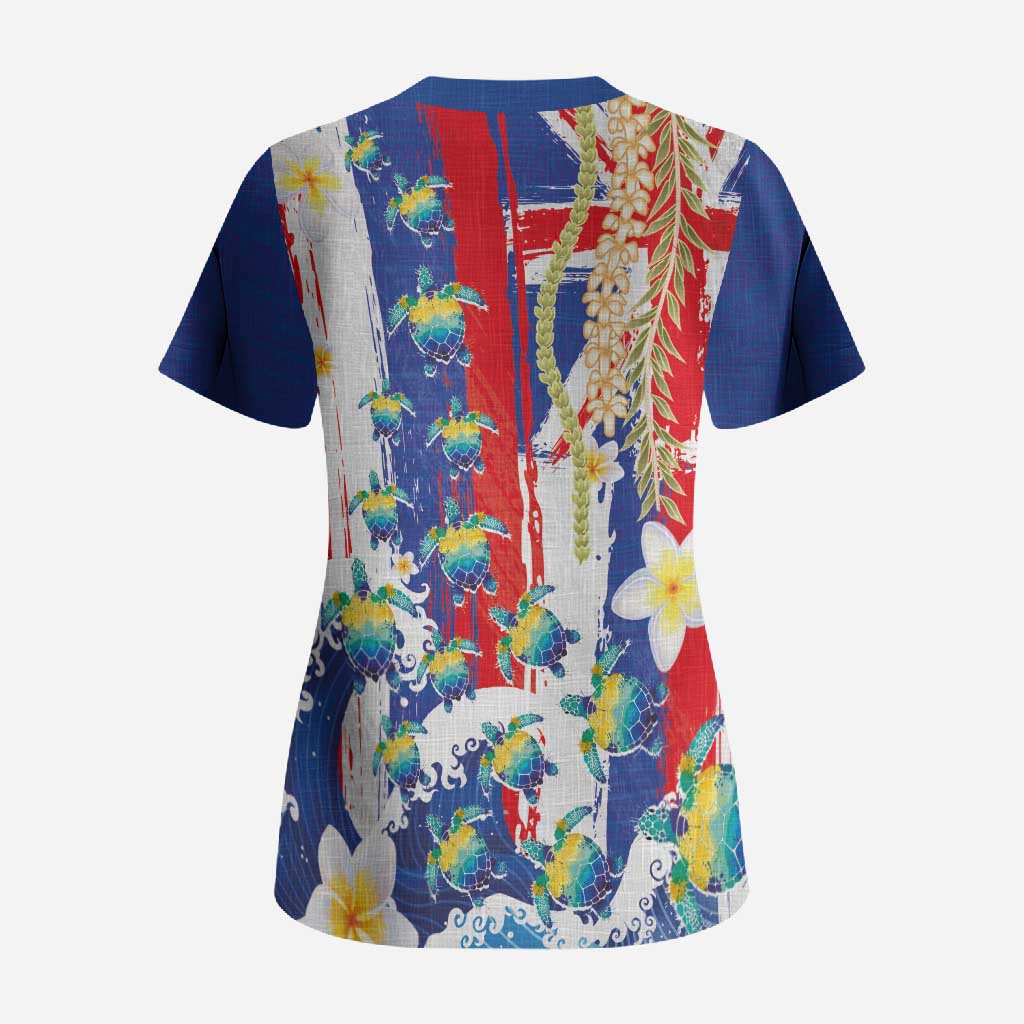 Hawaiian Sea Turtles and Plumeria Scrub Top with Lei and Flag Grunge Style LT03 - Polynesian Pride