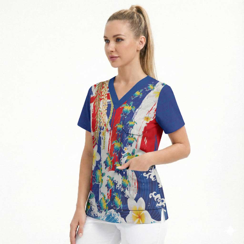 Hawaiian Sea Turtles and Plumeria Scrub Top with Lei and Flag Grunge Style LT03 - Polynesian Pride