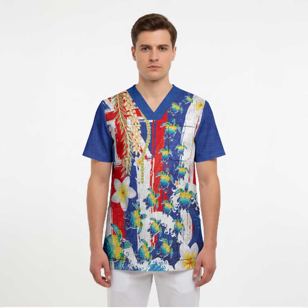 Hawaiian Sea Turtles and Plumeria Scrub Top with Lei and Flag Grunge Style LT03 - Polynesian Pride