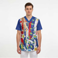 Hawaiian Sea Turtles and Plumeria Scrub Top with Lei and Flag Grunge Style LT03 - Polynesian Pride