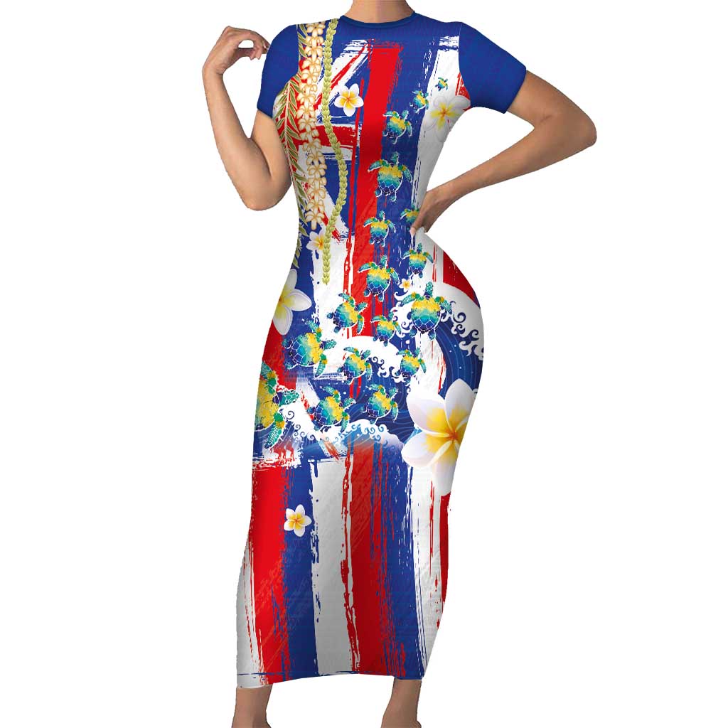 Hawaiian Sea Turtles and Plumeria Short Sleeve Bodycon Dress with Lei and Flag Grunge Style LT03 Long Dress Multicolor - Polynesian Pride