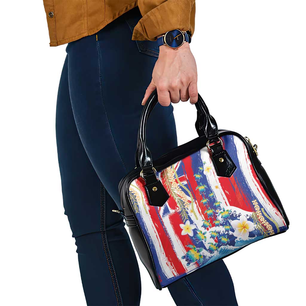 Hawaiian Sea Turtles and Plumeria Shoulder Handbag with Lei and Flag Grunge Style LT03 - Polynesian Pride