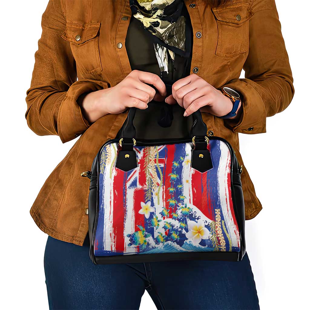 Hawaiian Sea Turtles and Plumeria Shoulder Handbag with Lei and Flag Grunge Style LT03 - Polynesian Pride