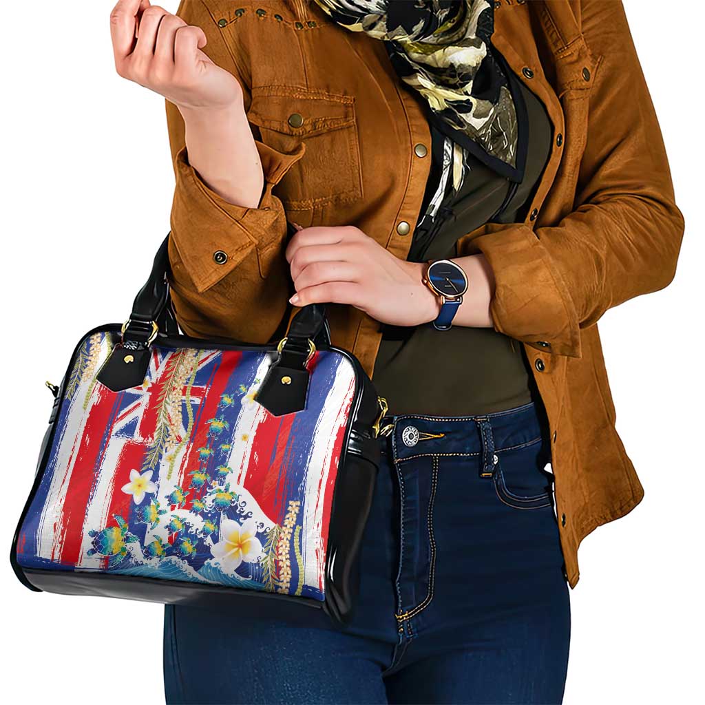 Hawaiian Sea Turtles and Plumeria Shoulder Handbag with Lei and Flag Grunge Style LT03 - Polynesian Pride