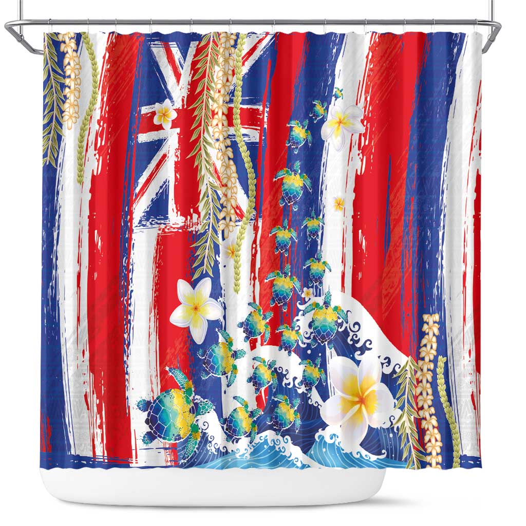 Hawaiian Sea Turtles and Plumeria Shower Curtain with Lei and Flag Grunge Style LT03 Multicolor - Polynesian Pride