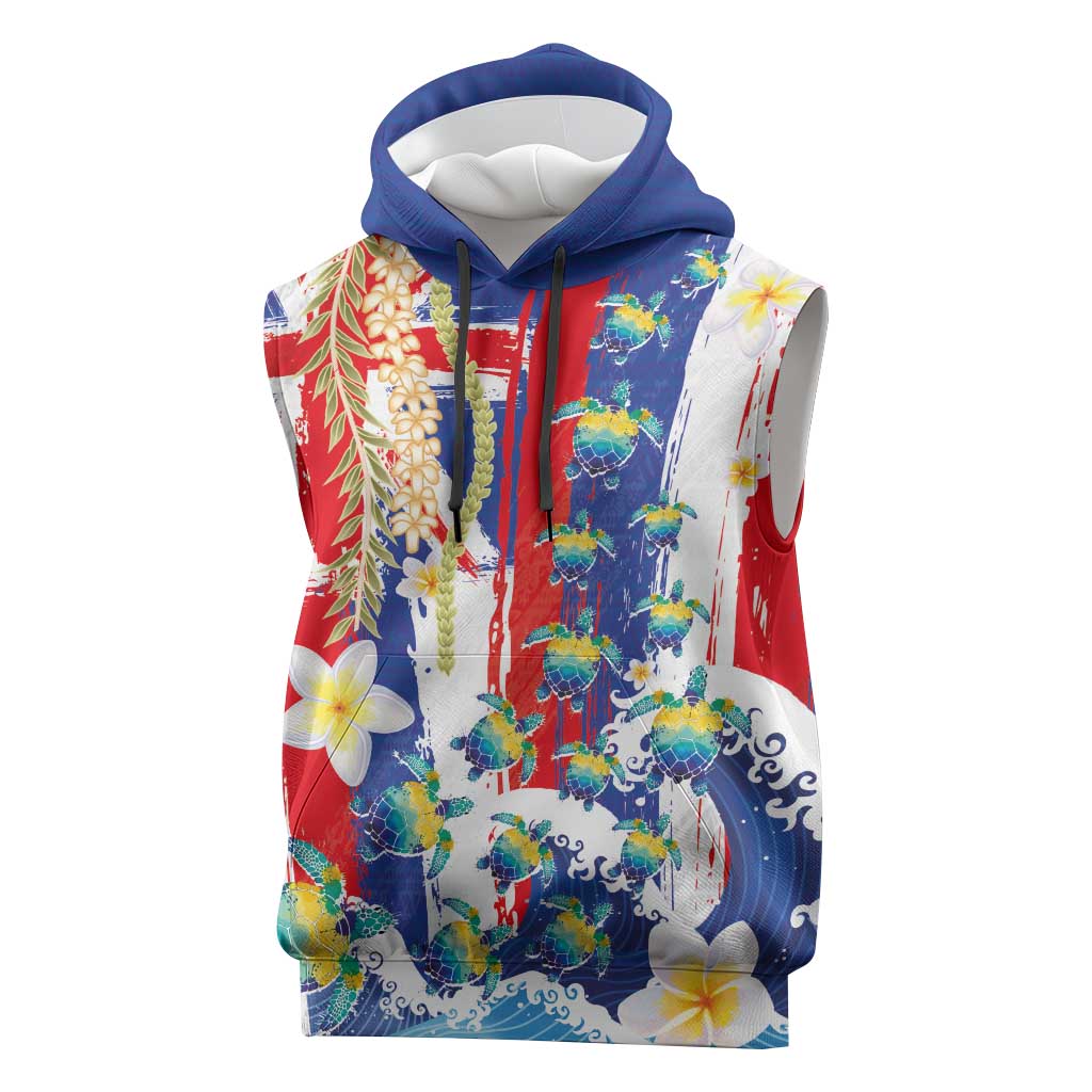 Hawaiian Sea Turtles and Plumeria Sleeveless Hoodie with Lei and Flag Grunge Style LT03 Multicolor - Polynesian Pride