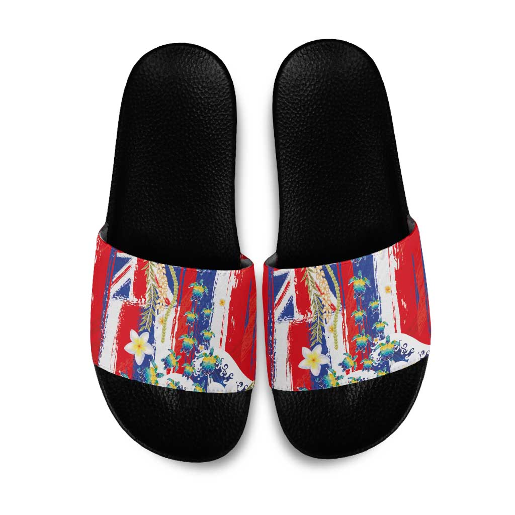 Hawaiian Sea Turtles and Plumeria Slide Sandals with Lei and Flag Grunge Style LT03 Multicolor - Polynesian Pride