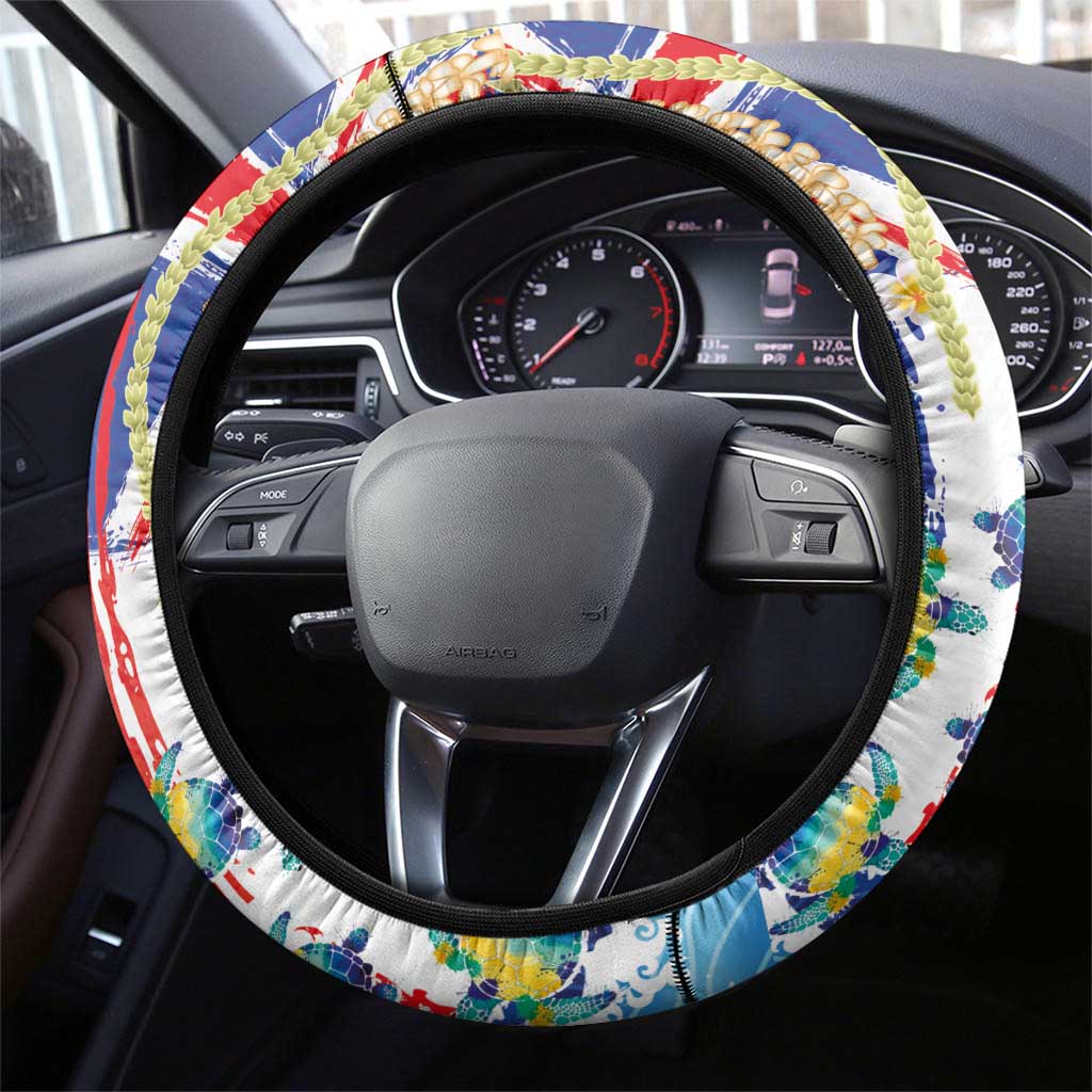 Hawaiian Sea Turtles and Plumeria Steering Wheel Cover with Lei and Flag Grunge Style LT03 - Polynesian Pride