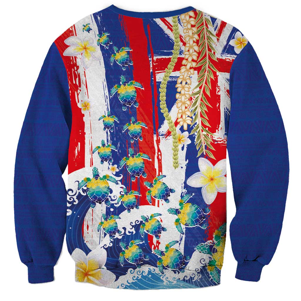 Hawaiian Sea Turtles and Plumeria Sweatshirt with Lei and Flag Grunge Style LT03 - Polynesian Pride