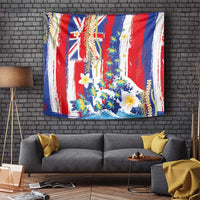 Hawaiian Sea Turtles and Plumeria Tapestry with Lei and Flag Grunge Style LT03 Multicolor - Polynesian Pride