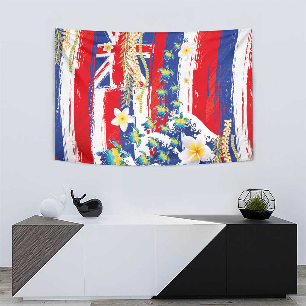 Hawaiian Sea Turtles and Plumeria Tapestry with Lei and Flag Grunge Style LT03 - Polynesian Pride