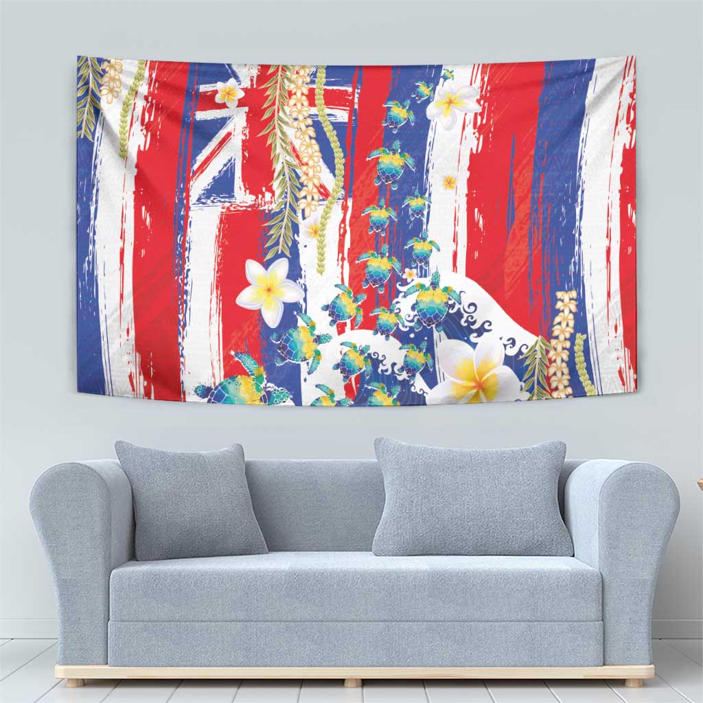 Hawaiian Sea Turtles and Plumeria Tapestry with Lei and Flag Grunge Style LT03 - Polynesian Pride