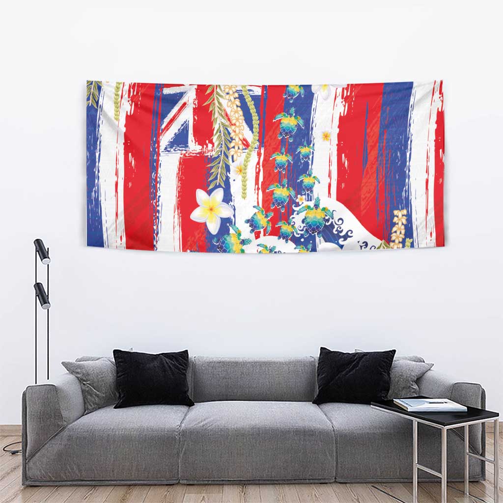 Hawaiian Sea Turtles and Plumeria Tapestry with Lei and Flag Grunge Style LT03 - Polynesian Pride