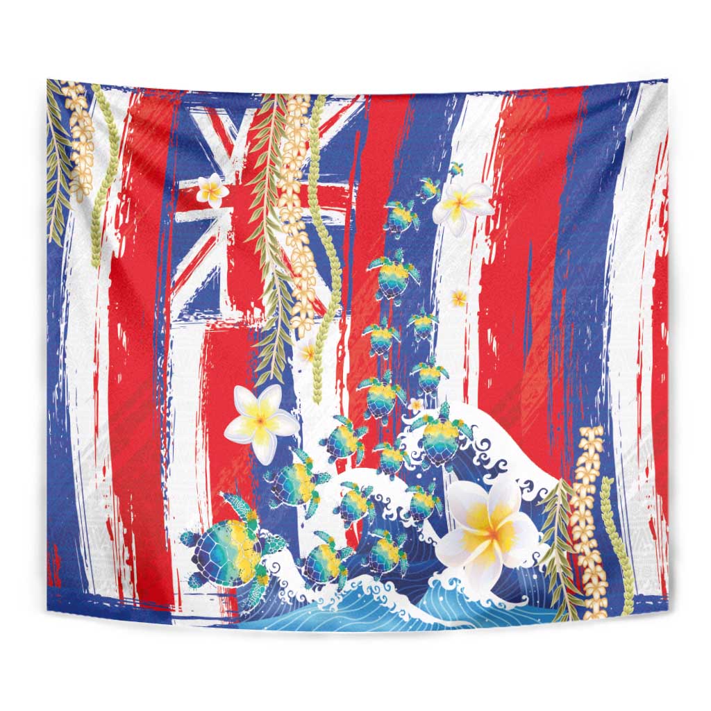 Hawaiian Sea Turtles and Plumeria Tapestry with Lei and Flag Grunge Style LT03 - Polynesian Pride