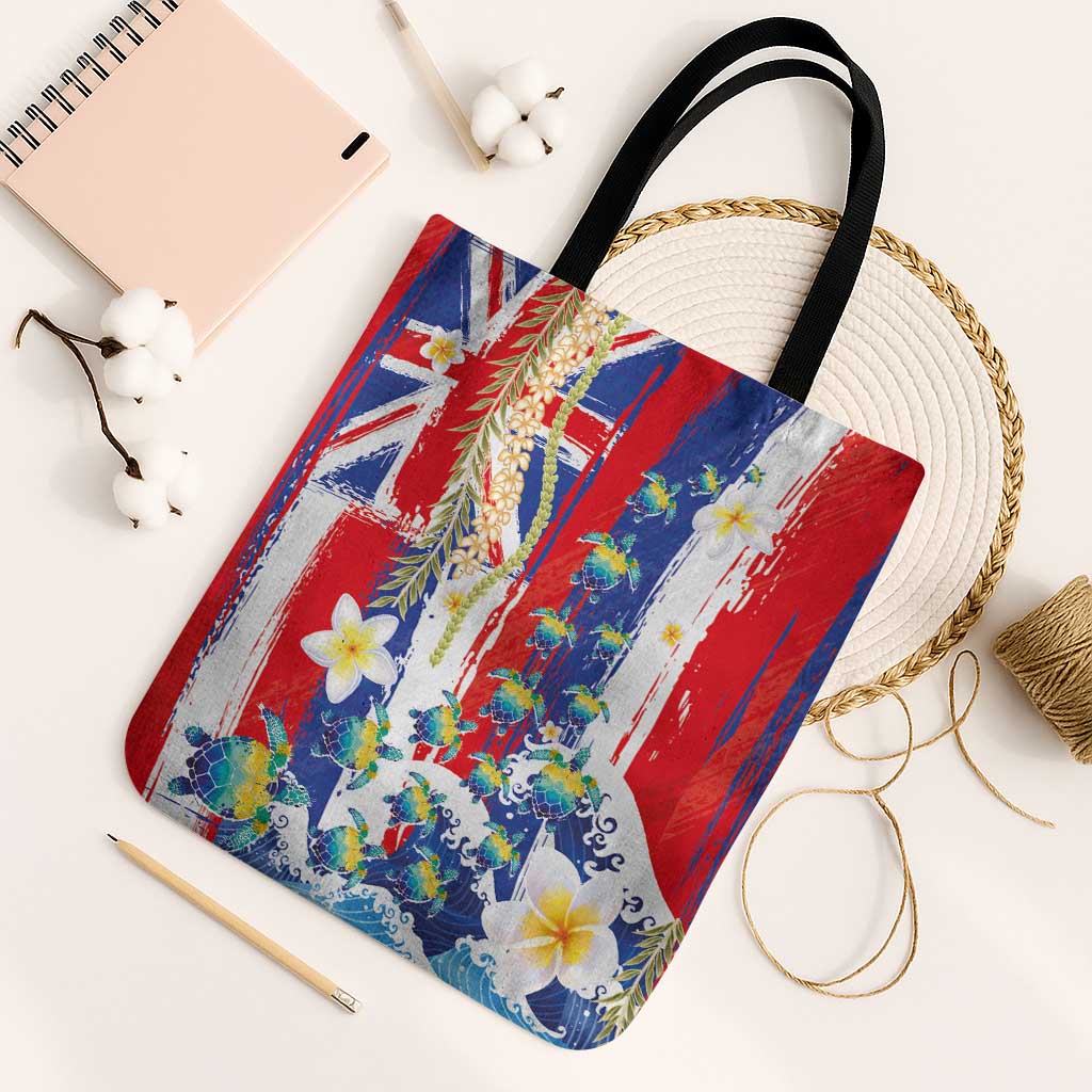 Hawaiian Sea Turtles and Plumeria Tote Bag with Lei and Flag Grunge Style LT03 Black Strap One Size Multicolor - Polynesian Pride