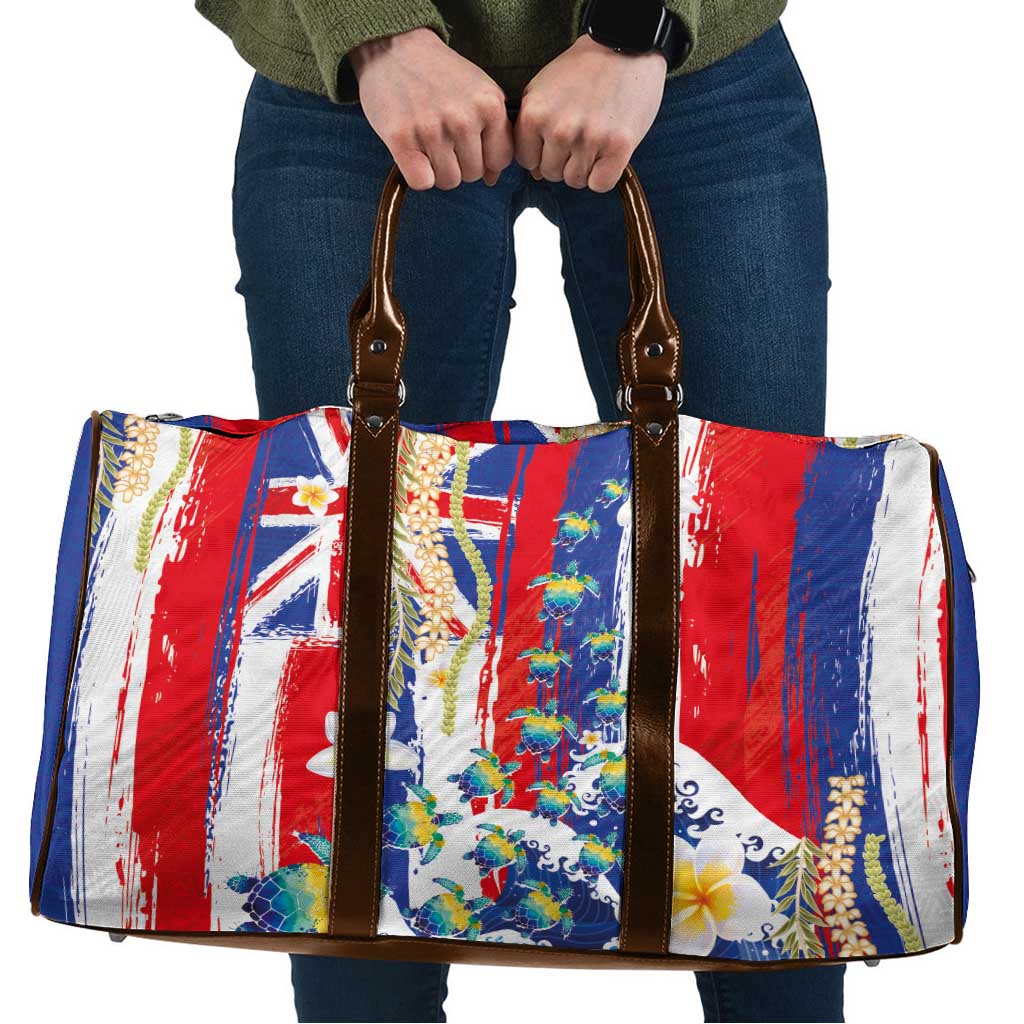Hawaiian Sea Turtles and Plumeria Travel Bag with Lei and Flag Grunge Style LT03 Multicolor - Polynesian Pride