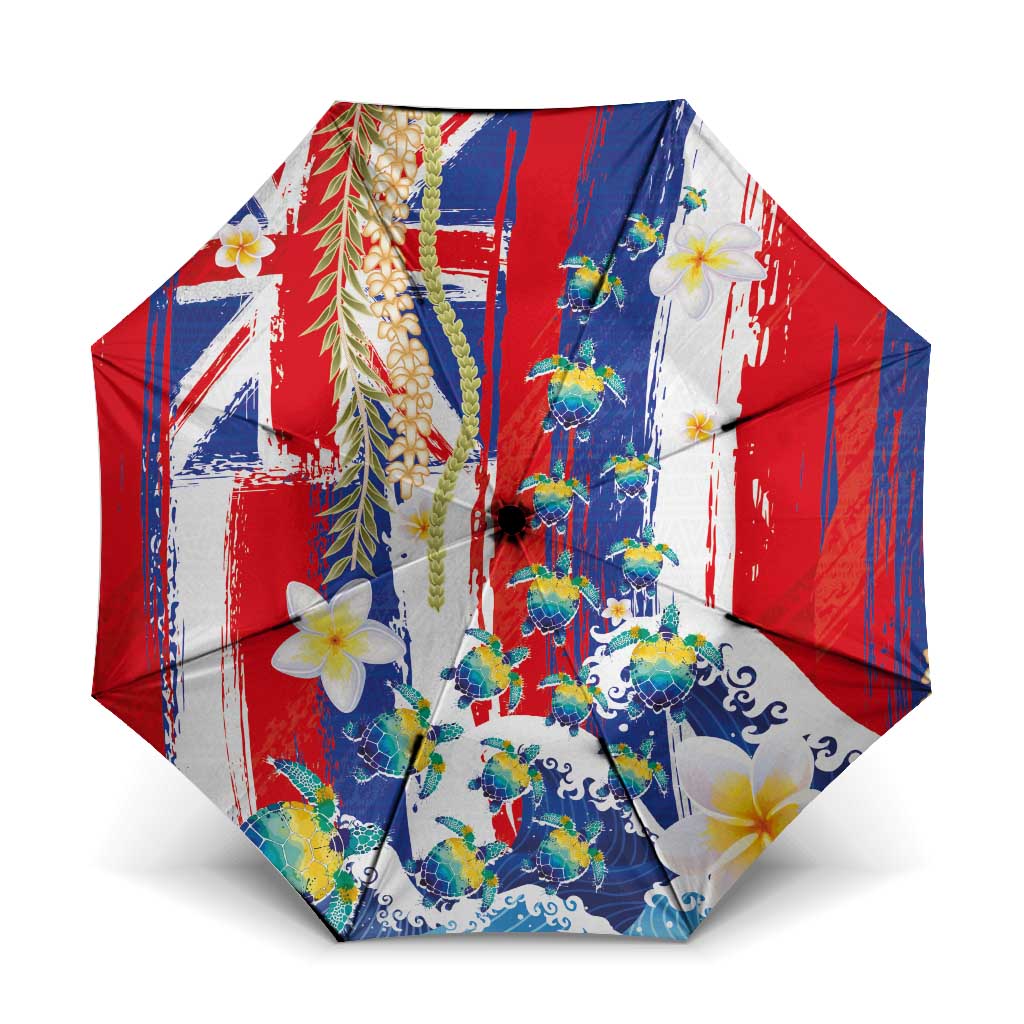 Hawaiian Sea Turtles and Plumeria Umbrella with Lei and Flag Grunge Style