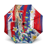 Hawaiian Sea Turtles and Plumeria Umbrella with Lei and Flag Grunge Style