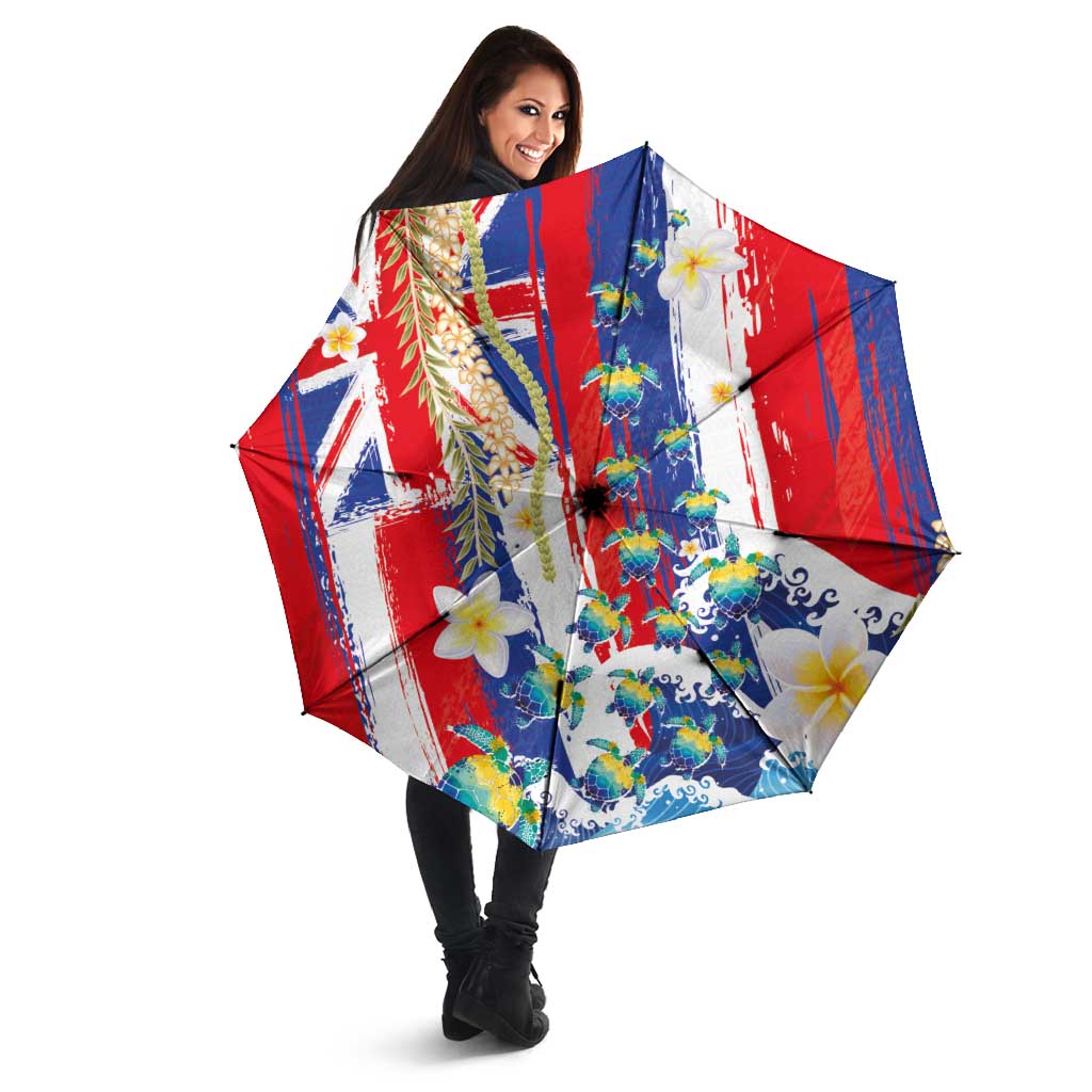 Hawaiian Sea Turtles and Plumeria Umbrella with Lei and Flag Grunge Style