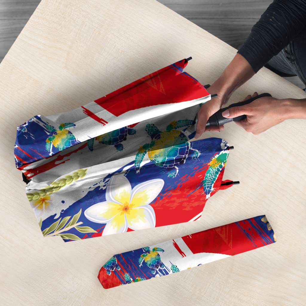 Hawaiian Sea Turtles and Plumeria Umbrella with Lei and Flag Grunge Style