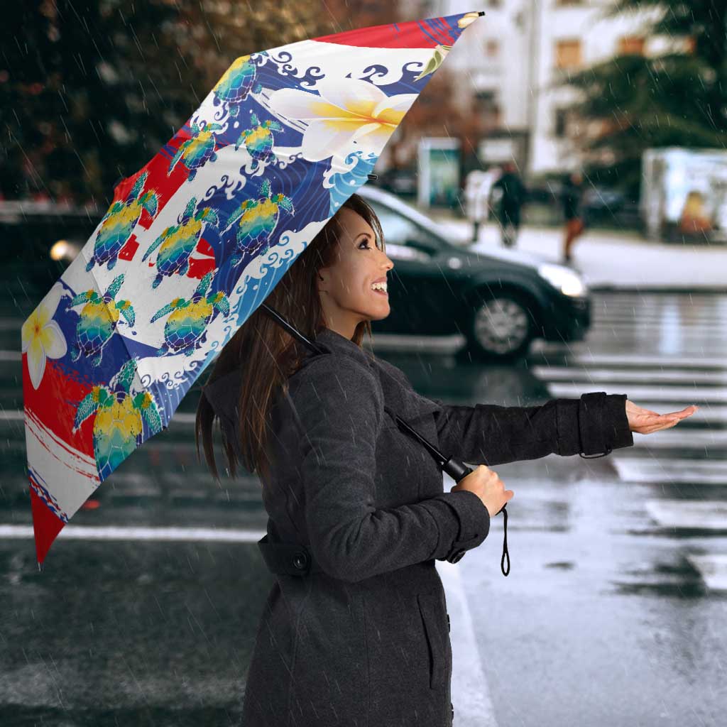 Hawaiian Sea Turtles and Plumeria Umbrella with Lei and Flag Grunge Style