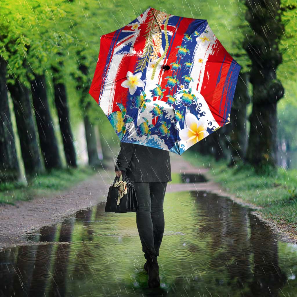 Hawaiian Sea Turtles and Plumeria Umbrella with Lei and Flag Grunge Style
