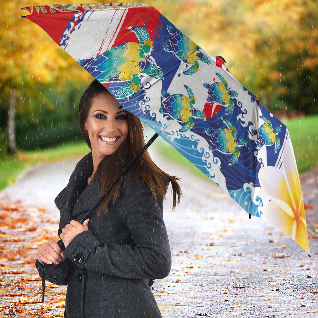Hawaiian Sea Turtles and Plumeria Umbrella with Lei and Flag Grunge Style