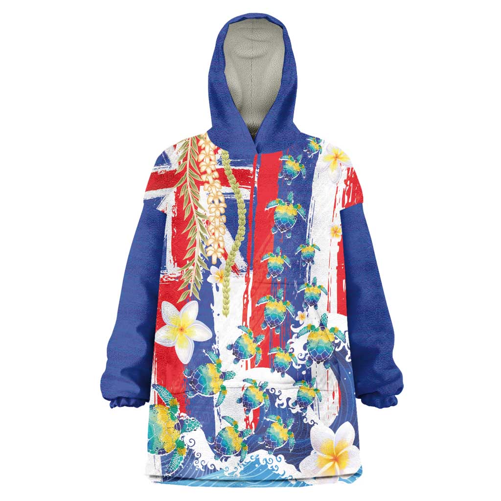 Hawaiian Sea Turtles and Plumeria Wearable Blanket Hoodie with Lei and Flag Grunge Style