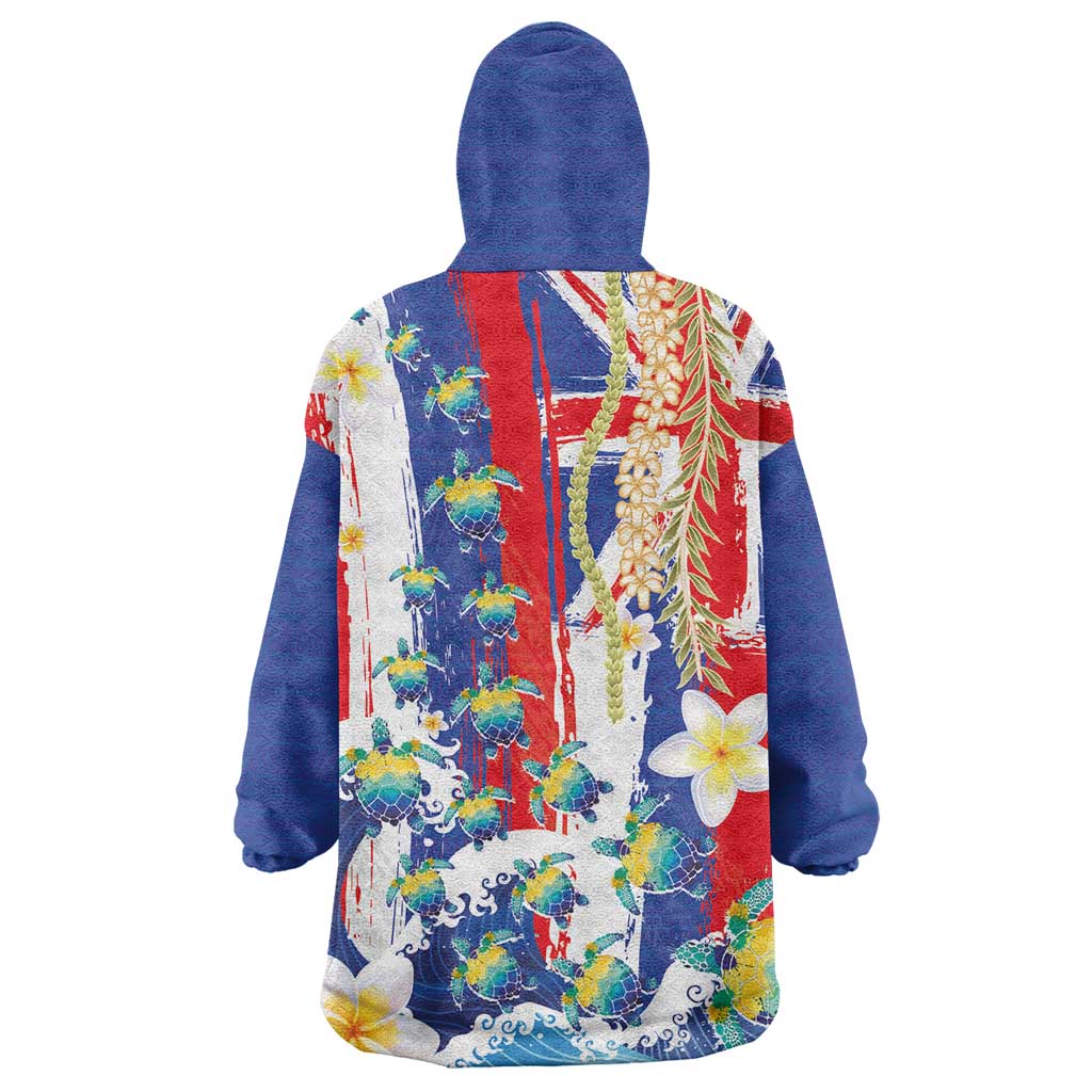 Hawaiian Sea Turtles and Plumeria Wearable Blanket Hoodie with Lei and Flag Grunge Style