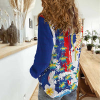 Hawaiian Sea Turtles and Plumeria Women Casual Shirt with Lei and Flag Grunge Style